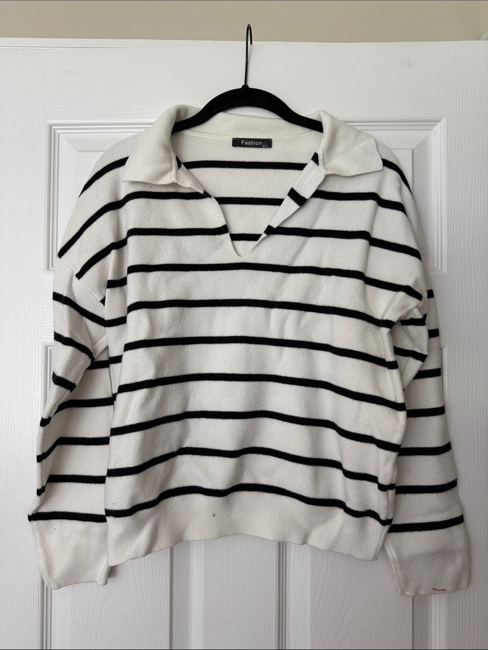 Striped Collared Pullover Sweater - Black & White - S